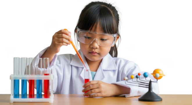 Young girl conducting science experiment with test tubes and model, isolated on transparent background
