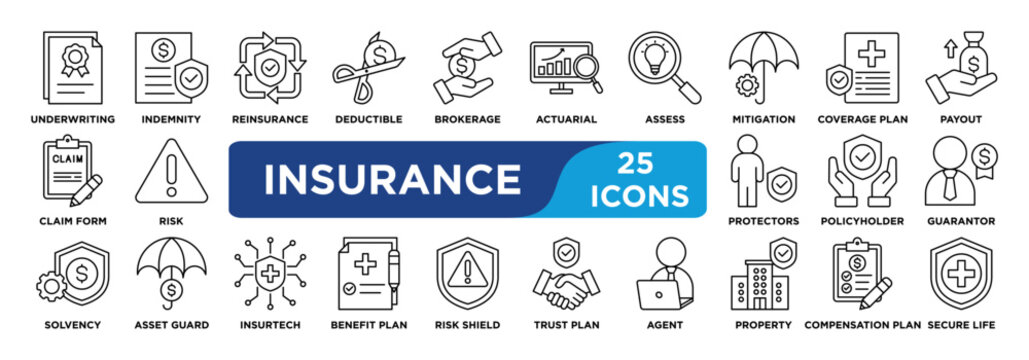 insurance icon collection set. Containing underwriting, indemnity, reinsure, deductible, brokerage icon. simple line vector.