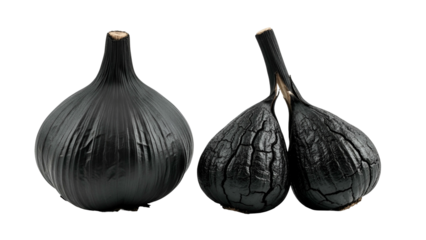 Black Garlic Heads with Wrinkled and Smooth Surfaces on Transparent Background