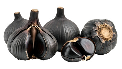 Black Garlic Bulbs with Halved Clove on Transparent Background