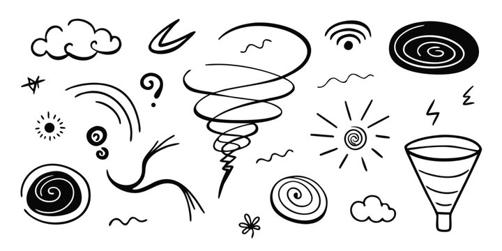 Hand drawn weather symbols and icons set featuring clouds sun storm tornado and lightning bolt graphics