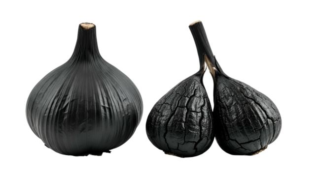 Black Garlic Heads with Wrinkled and Smooth Surfaces on Transparent Background