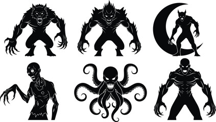 Mythical Monster Silhouette Vector Set for Horror Design, Halloween Art, Fantasy Creatures, Dark Themes, and Graphic Projects