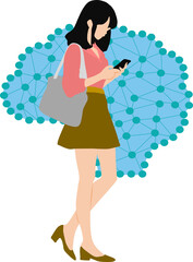 AIを活用する女性のイラスト(ロボットとビジネスウーマン)	
