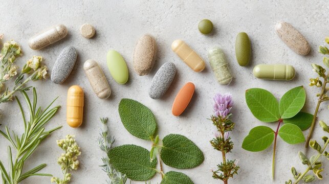 Variety of Natural Supplements and Herbal Ingredients Arranged on a Light Background