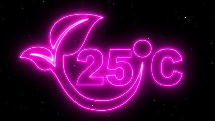 Neon line 25°C temperature showing on a dark background. Weather temperature displays by degree, climate change, scientific designs.Net Zero Carbon Emission & Green Energy Concept. Alpha matte channel