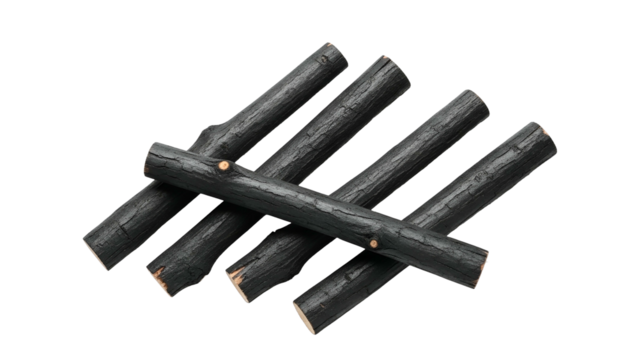 Black Charred Wooden Logs Arranged on Transparent Background