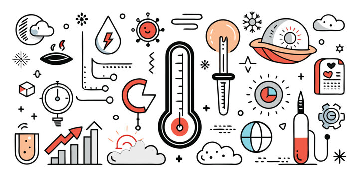 Creative doodle icons representing weather climate temperature and science concepts