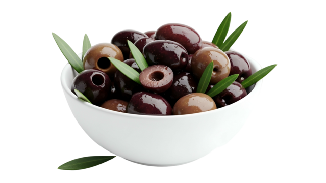 Bowl of Mixed Black and Green Olives with Green Leaves on Transparent Background