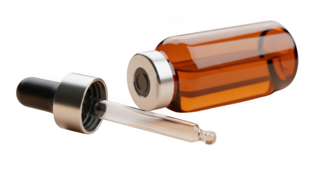 Closeup of amber dropper bottle with metal cap isolated on transparent background