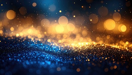 A shimmering wave of blue and gold glitter with a glowing bokeh background
