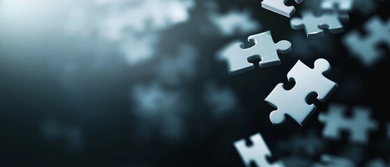 Puzzle pieces floating and falling on a dark, blurred background, symbolizing complexity and problem-solving.