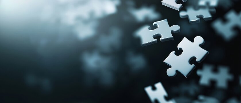 Puzzle pieces floating and falling on a dark, blurred background, symbolizing complexity and problem-solving.