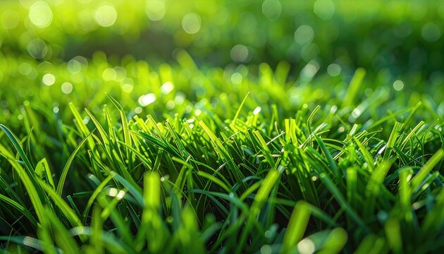 Close-up of lush green grass blades with morning dew, lit by bright sunlight