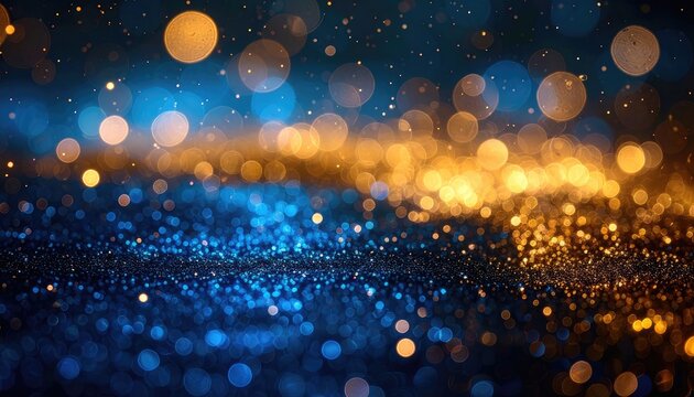 Sparkling blue and gold glitter on a dark surface with soft bokeh background - Powered by Adobe