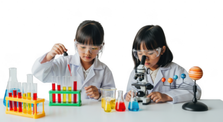Two young scientists conducting chemistry experiments in lab, isolated on transparent background