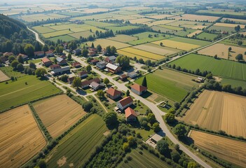 Aerial view of a small rural village surrounded by expansive patchwork agricultural fields under a