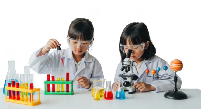 Two young scientists conducting chemistry experiments in lab, isolated on transparent background - Powered by Adobe
