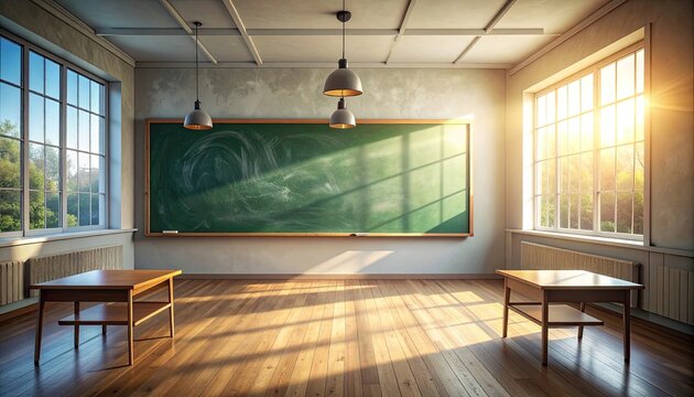 An empty, sunlit classroom with a green chalkboard and wooden desks