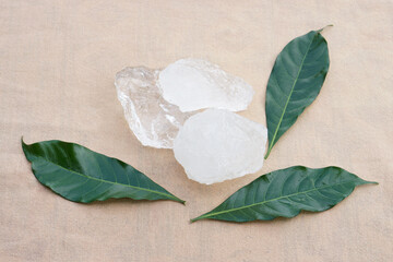 Natural alum crystal stones placed on green leaves over beige fabric background. The clear mineral blocks shine with purity and simplicity, representing eco wellness, spa, natural hygiene concept.
