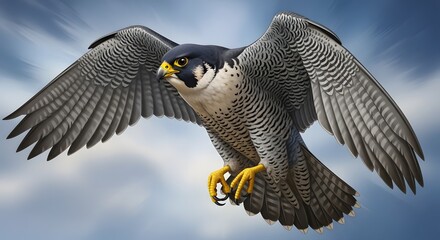 Peregrine Falcon in Flight with Extended Talons Against Cloudy Sky