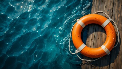 orange lifebuoy floating near wooden surface on clear blue water with sunlight reflections