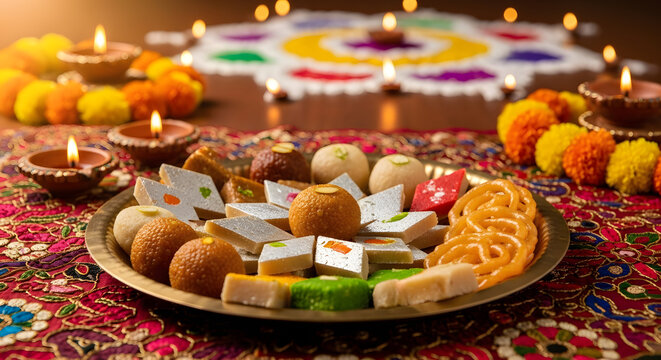 Assorted Indian mithai (ladoos, barfi, jalebi) placed on brass plate