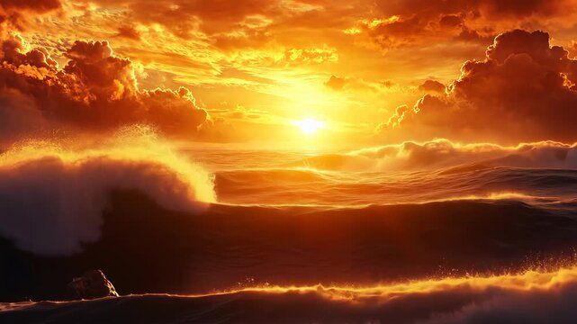 Dramatic ocean waves at sunset with captivating cloud patterns