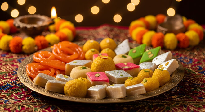 Assorted Indian mithai (ladoos, barfi, jalebi) placed on brass plate