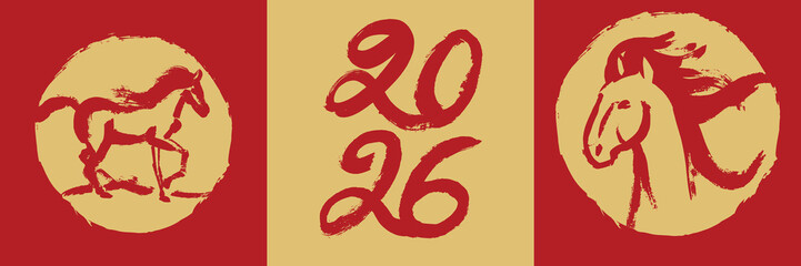 Print Set with a horse is head in oriental calligraphy style and the inscription 2026 in vector. Vector illustration