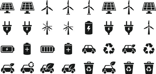 Collection of eco friendly energy and transportation icons isolated on transparent background