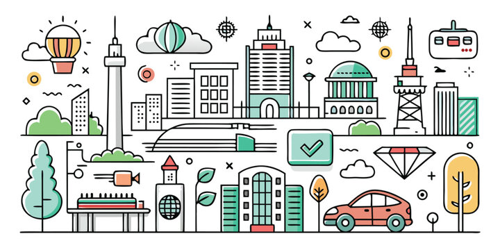 Modern cityscape panorama with transportation icons and landmarks artistic design - Powered by Adobe