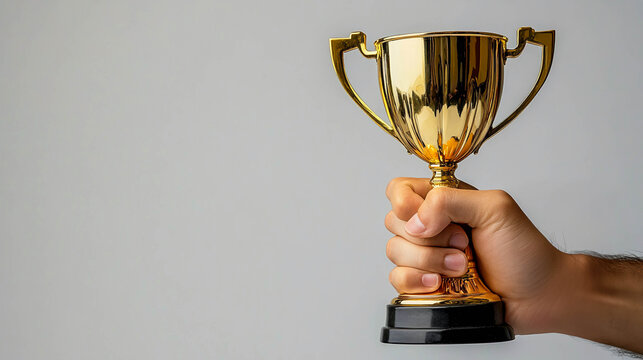 A hand holds a golden cup against a light-colored wall. Triumph and victory.