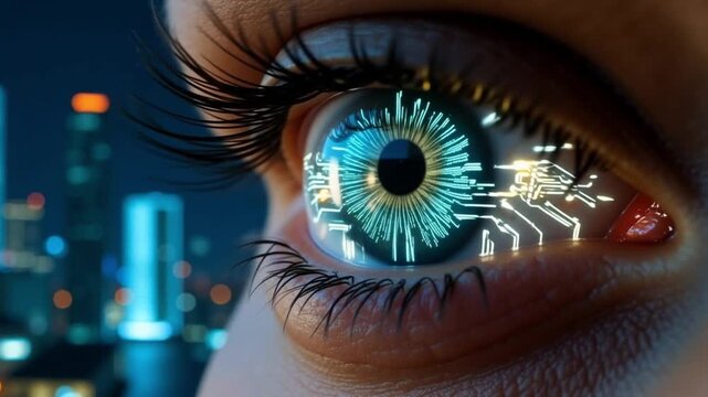 Close up of a blue eye with digital pattern and city skyline in the background at night time view
