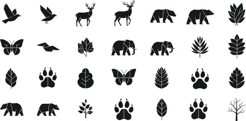Collection of silhouette icons representing wildlife and nature elements isolated on transparent background