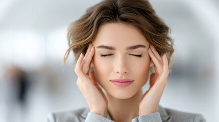 Fototapeta premium A woman with her eyes closed, holding her hands to her temples, creating a sense of tension or headache.