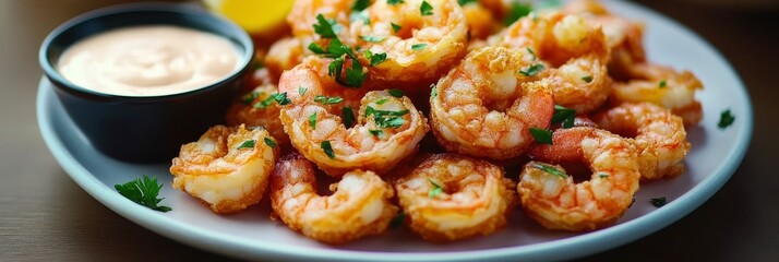 A beautifully plated dish of crispy fried shrimp tempura served with a creamy dipping sauce.