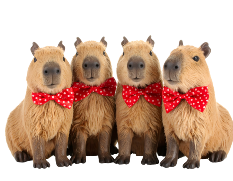 Four capybaras, each with a red bow tie with white polka dots, sit together