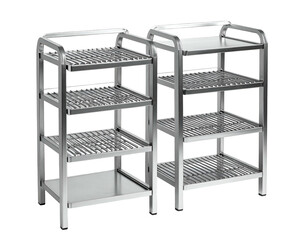 Two stainless steel storage racks with four shelves each, metallic and clean