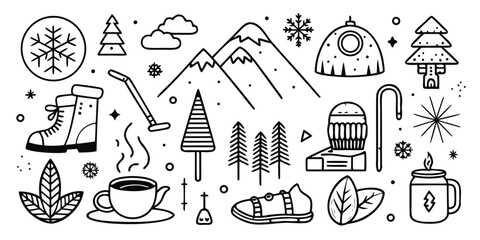 Winter adventure gear and cozy elements collection for outdoor exploration