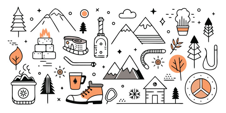 Hand-drawn adventure travel icons mountains trees boot campfire and camping gear doodles