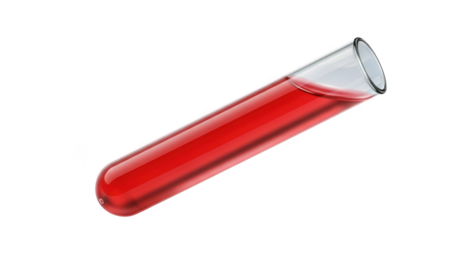 Glass test tube filled with red liquid isolated on transparent background for laboratory use