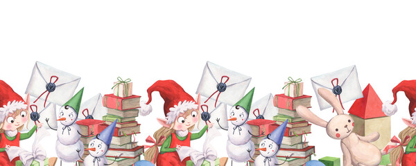 A joyful Christmas elf girl with a gift and snowmen