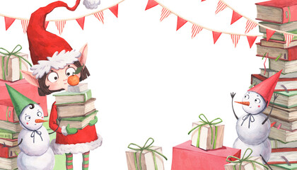 A cute Christmas elf and snowman sort letters and collect storybooks for Santa