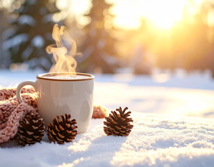 Hot chocolate cup beside pinecones and scarf on snowy table