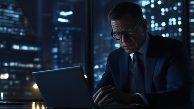 Middle-aged professional man in suit using laptop at work, great for business, technology, and modern office videos.