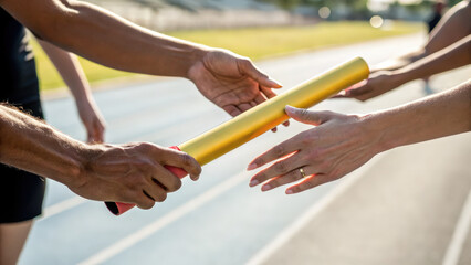 Teamwork concept relay race baton passing on track sport competition hand exchange