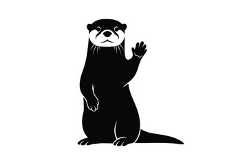 Friendly black and white otter waving hello standing upright simple graphic