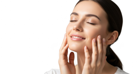 Young woman with eyes closed gently touching face, isolated on transparent background