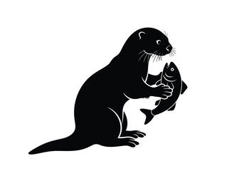 Obraz premium Proud black and white otter holding a freshly caught fish simple graphic